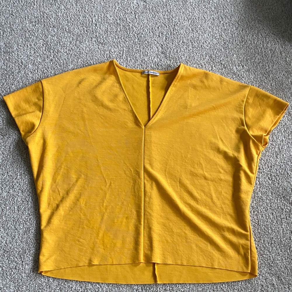 Zara Mustard Yellow V-Neck Short Sleeve Top